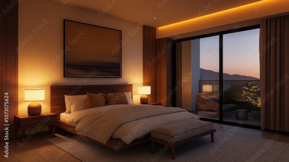 Bedroom with art, warm ambient light, stylish interior, 3D render Bedroom with art, warm ambient light, stylish interior, 3D render
