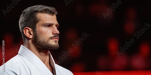 A focused martial artist in a white gi stands confidently, capturing the intensity of competition in a well-lit arena. photo