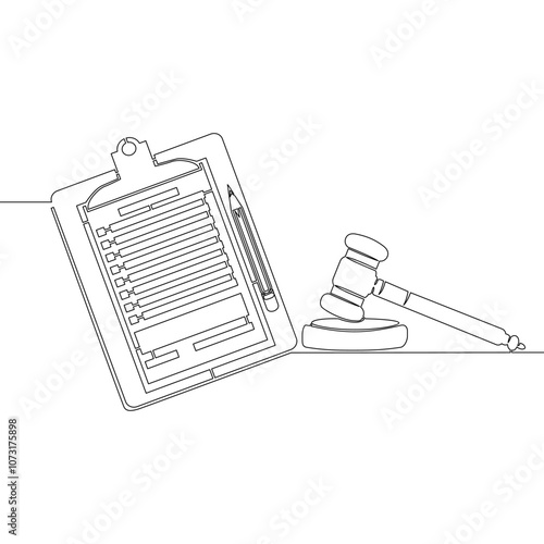 Continuous one single line drawing Legal approved document and judge's gavel icon vector illustration concept