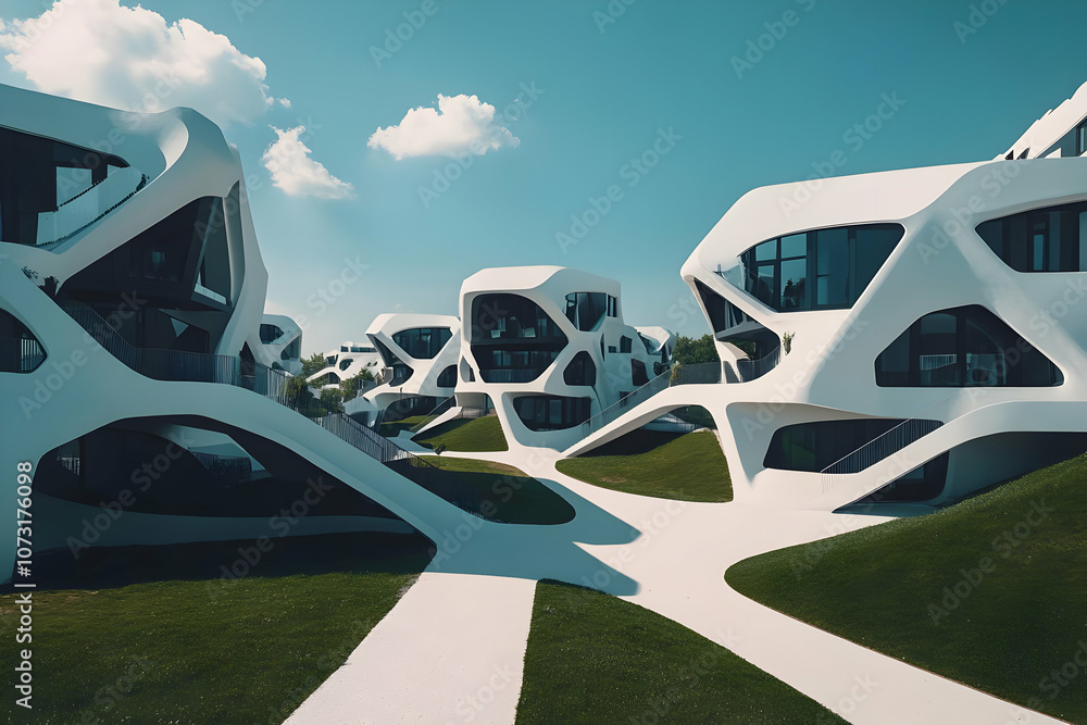 Modern architectural structures with unique organic forms surrounded by green landscaping. Modern architectural structures with unique organic forms surrounded by green landscaping.