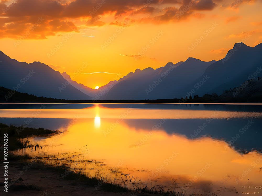 Fototapeta premium Sunset in the mountains at a calm lake - Sunset over the mountain reflection at golden hour, Calm mountain lake reflecting the sunset in the mountains, dawn
