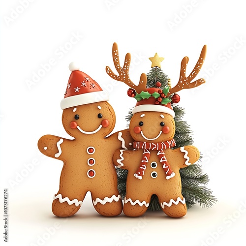 Festive Gingerbread Friends Celebrating Christmas with Santa Hats and Christmas Tree : Generative AI photo