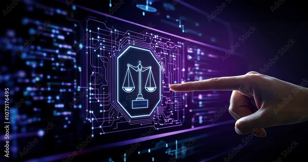 A finger points at a justice scale icon on a screen representing digital solutions in legal research and modern law tech, justice automation, digital law tools A finger points at a justice scale icon on a screen representing digital solutions in legal research and modern law tech, justice automation, digital law tools