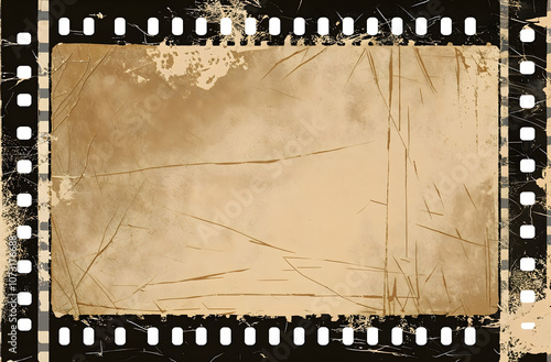 Blank grained and scratched film strip texture background with heavy grain, dust and a light leak Real Lens Flare Shot in Studio over Black Background. Easy to add as Overlay or Screen Filter	
