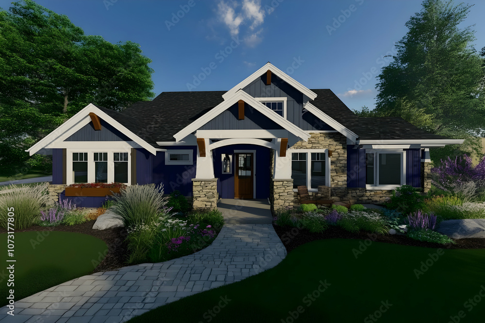 A modern home design featuring stone and wood elements, surrounded by lush landscaping. A modern home design featuring stone and wood elements, surrounded by lush landscaping.