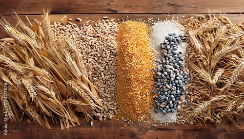 agriculture products grains and cereal on wooden table photo