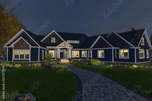 A beautifully lit modern house at night, showcasing elegant architecture and landscaping.