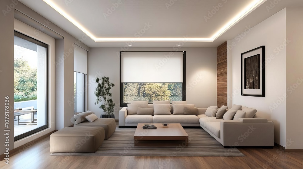 Elegant living space, warm artificial light, soft texture, 3D render Elegant living space, warm artificial light, soft texture, 3D render