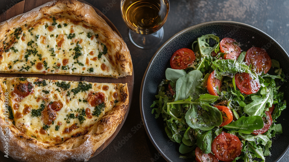 Provoleta with Fresh Herb Garnish and Side Salad with Wine Provoleta with Fresh Herb Garnish and Side Salad with Wine