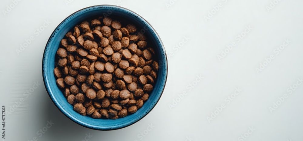 Close-up of a blue bowl filled with dry pet food. Close-up of a blue bowl filled with dry pet food.
