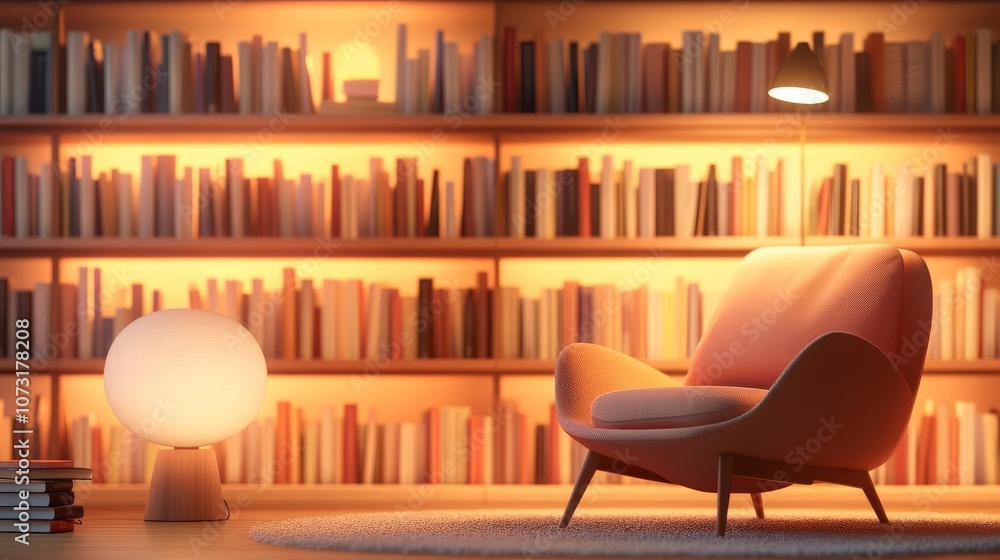 Home library corner, warm ambient light, book-filled shelves, 3D render Home library corner, warm ambient light, book-filled shelves, 3D render