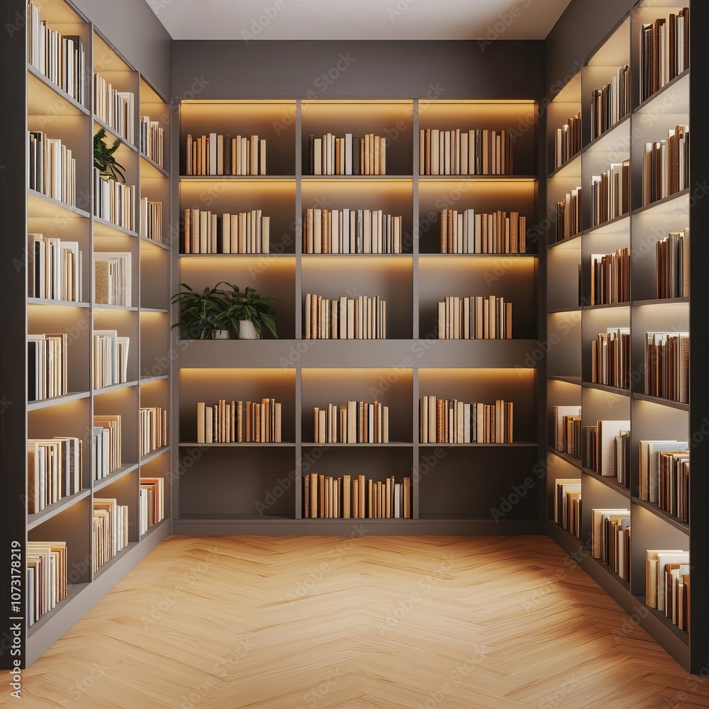 Home library, warm lighting, peaceful reading space, 3D render Home library, warm lighting, peaceful reading space, 3D render