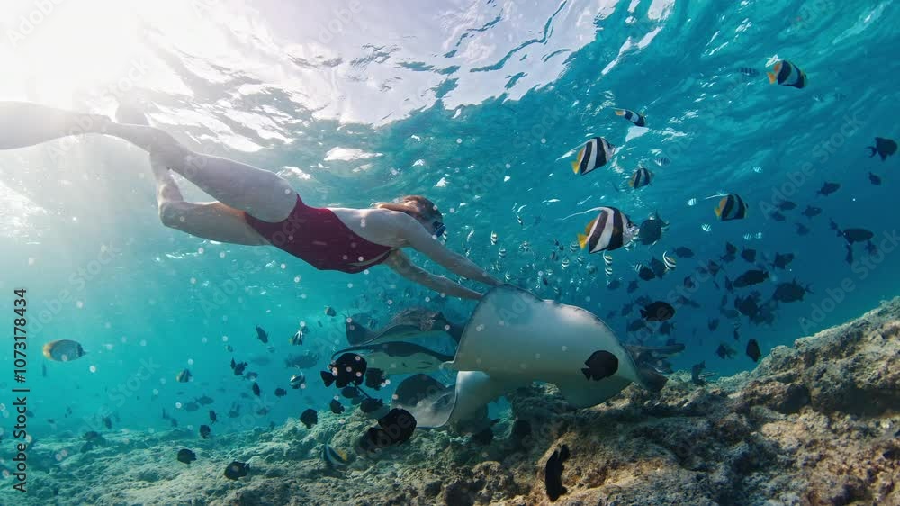 Sexy woman in red swimsuit swims underwater in the sea with lots of fish Sexy woman in red swimsuit swims underwater in the sea with lots of fish