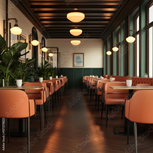 Indoor cafe, warm artificial lighting, lively atmosphere, 3D render