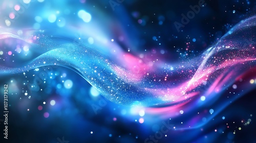 Abstract Blue and Pink Swirling Background with Glittering Particles and Bokeh Lights