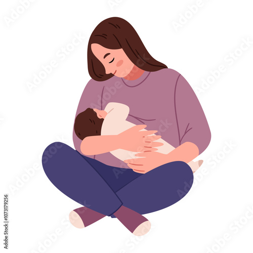 Mother is breastfeeding the baby.Breastfeeding, happy motherhood and childhood concept. Happy loving young woman mother feeding her baby with breast milk vector illustration