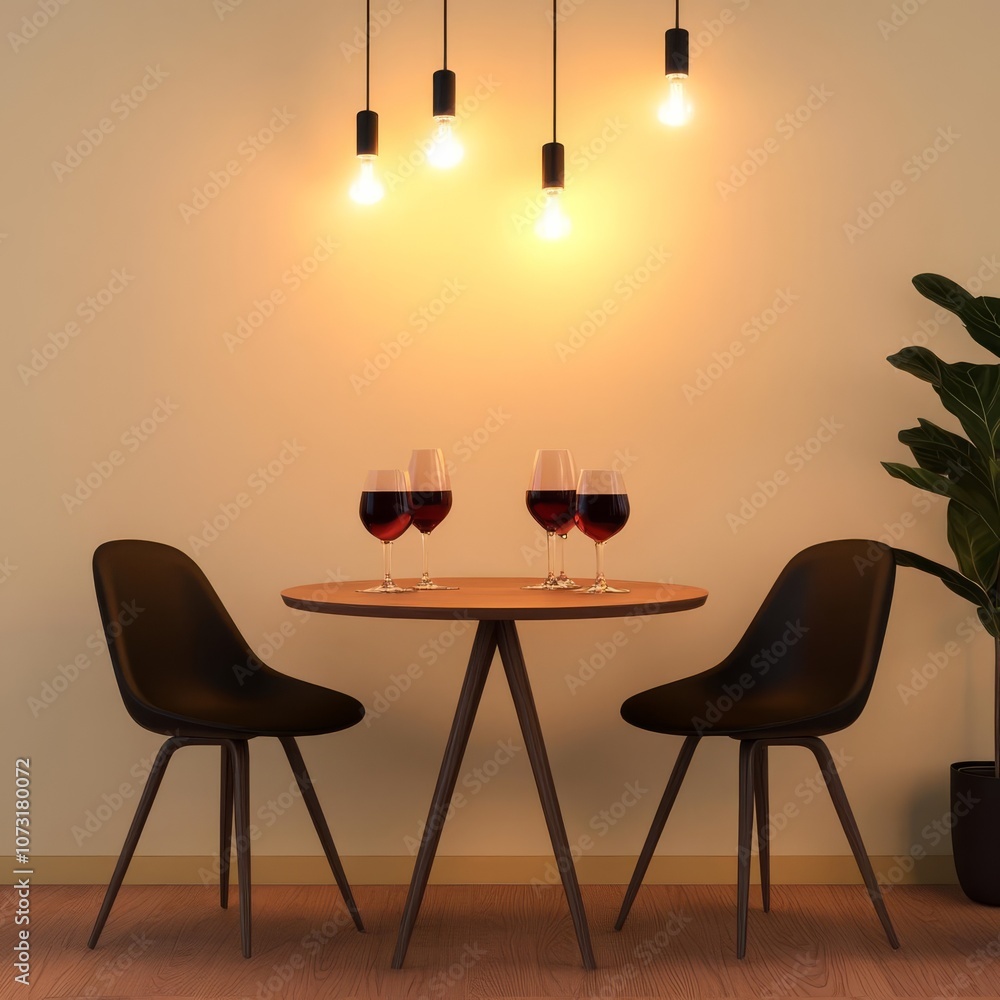 Intimate dining setup, warm light, evening setting, 3D illustration Intimate dining setup, warm light, evening setting, 3D illustration
