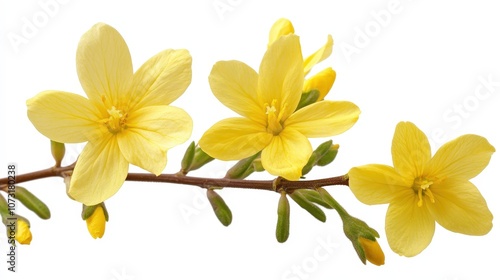 Blooming yellow jasmine flowers on a branch, capturing natural beauty and elegance