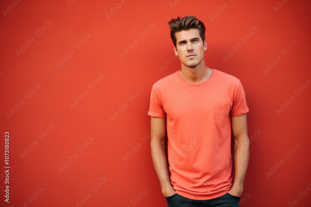 A man in a red shirt stands in front of a red wall A man in a red shirt stands in front of a red wall