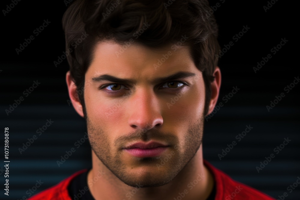 A man with a beard and a red shirt is staring at the camera A man with a beard and a red shirt is staring at the camera