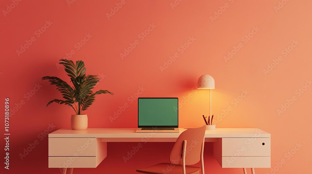 Fototapeta premium Minimalist desk setup, warm light source, sleek design, 3D illustration