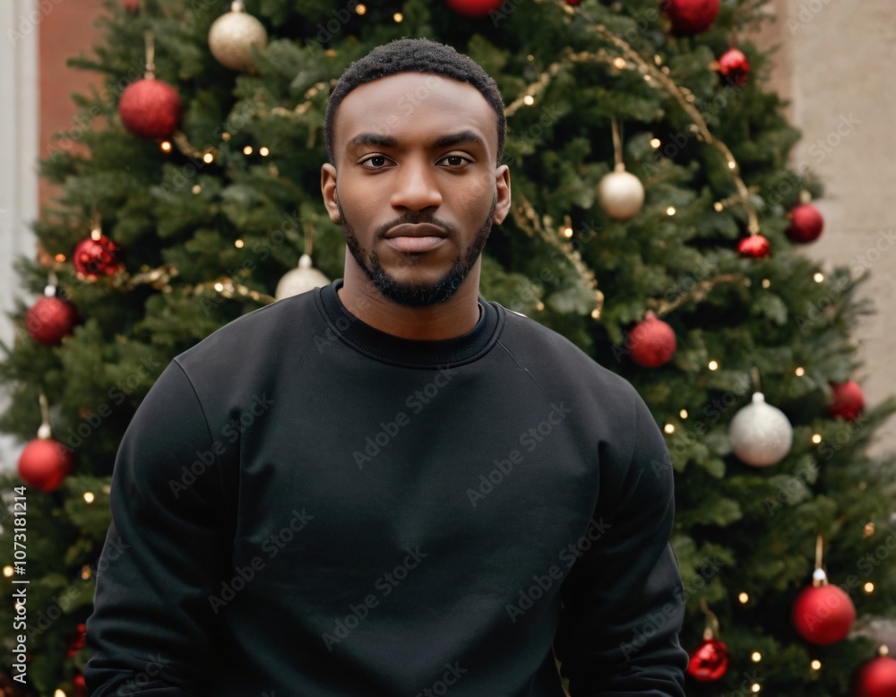 Handsome Africans Americans man wearing a black blank crewneck sweatshirt. mock up style photo. background outside at Christmas's time. Handsome Africans Americans man wearing a black blank crewneck sweatshirt. mock up style photo. background outside at Christmas's time.