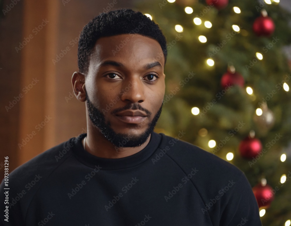 Handsome Africans Americans man wearing a black blank crewneck sweatshirt. mock up style photo. background outside at Christmas's time. Handsome Africans Americans man wearing a black blank crewneck sweatshirt. mock up style photo. background outside at Christmas's time.