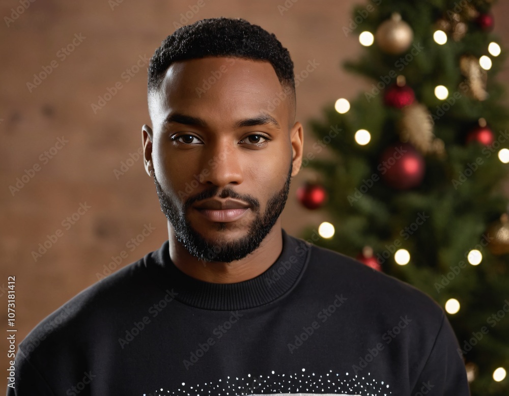 Handsome Africans Americans man wearing a black blank crewneck sweatshirt. mock up style photo. background outside at Christmas's time. Handsome Africans Americans man wearing a black blank crewneck sweatshirt. mock up style photo. background outside at Christmas's time.
