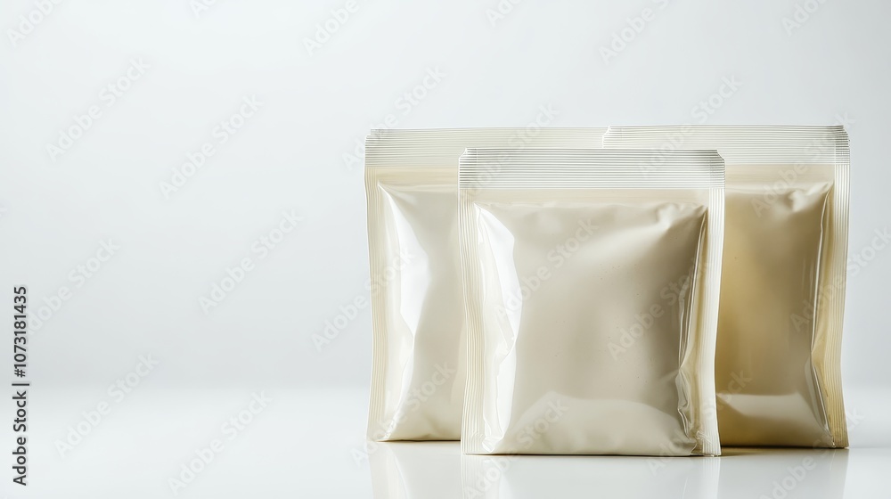 Eco-Friendly Minimalist Biodegradable Packaging Concept with Compostable Bags on White Background Eco-Friendly Minimalist Biodegradable Packaging Concept with Compostable Bags on White Background