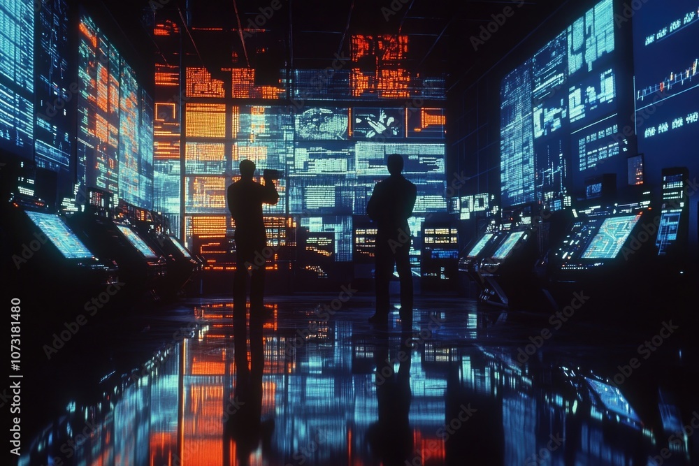 Two people in front of large screen Two people in front of large screen