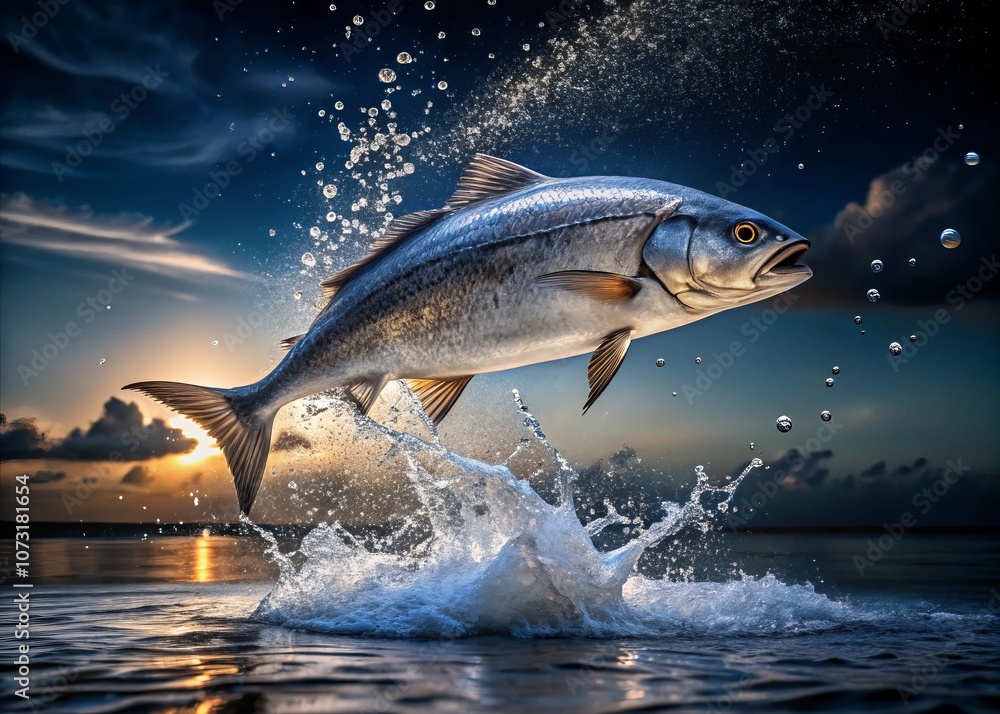 Fototapeta premium A Stunning Night Photography Capture of a Silvery Fish Leaping from the Ocean with Sunlight Illuminating Water Droplets Mid-Air, Showcasing Nature’s Beauty and Dynamic Energy