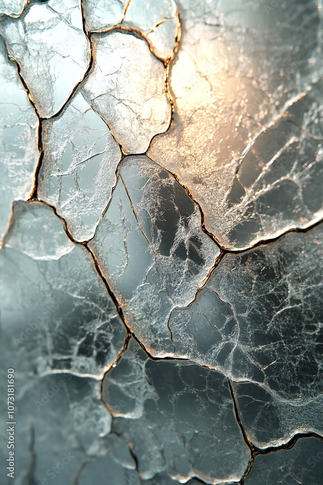 Fototapeta premium Close-up abstract texture of cracked silver surface with golden edges, creating a unique and intricate pattern.
