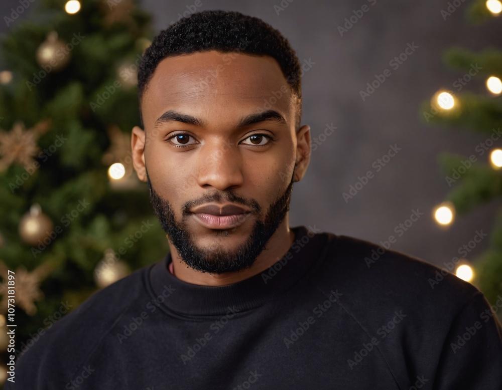 Handsome Africans Americans man wearing a black blank crewneck sweatshirt. mock up style photo. background outside at Christmas's time.