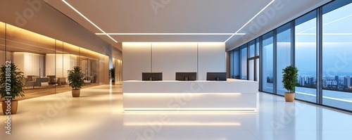 Modern office space  warm artificial lighting  sleek design  3D render