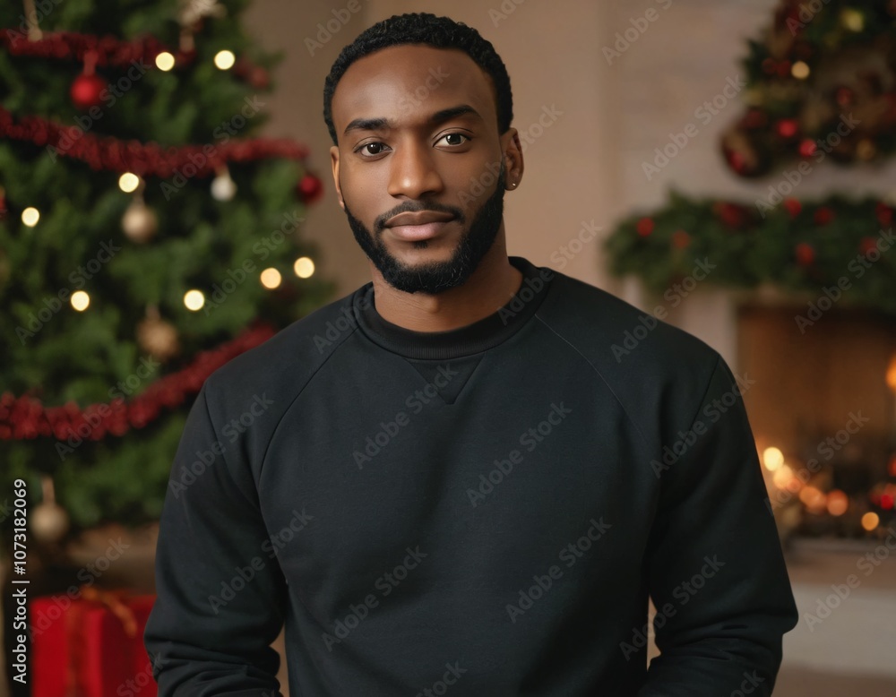 Handsome Africans Americans man wearing a black blank crewneck sweatshirt. mock up style photo. background outside at Christmas's time. Handsome Africans Americans man wearing a black blank crewneck sweatshirt. mock up style photo. background outside at Christmas's time.