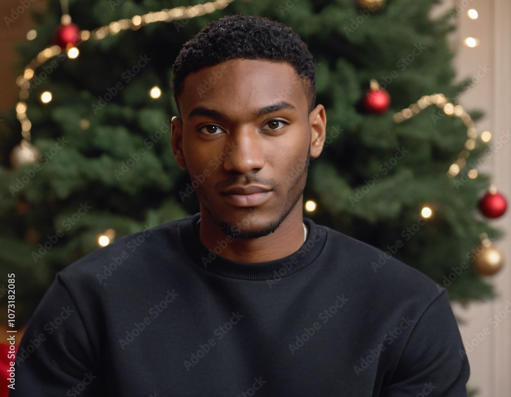 Handsome Africans Americans man wearing a black blank crewneck sweatshirt. mock up style photo. background outside at Christmas's time. Handsome Africans Americans man wearing a black blank crewneck sweatshirt. mock up style photo. background outside at Christmas's time.