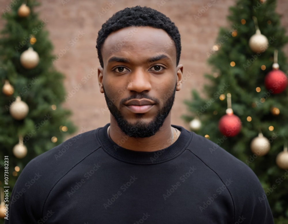 Handsome Africans Americans man wearing a black blank crewneck sweatshirt. mock up style photo. background outside at Christmas's time. Handsome Africans Americans man wearing a black blank crewneck sweatshirt. mock up style photo. background outside at Christmas's time.