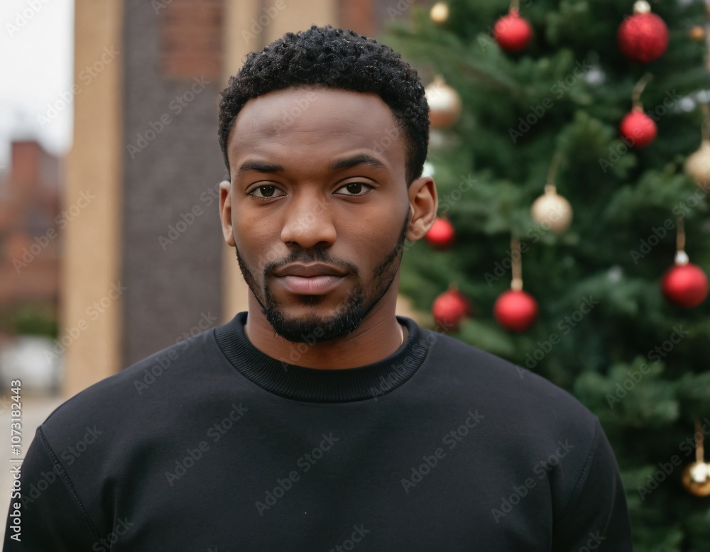 Handsome Africans Americans man wearing a black blank crewneck sweatshirt. mock up style photo. background outside at Christmas's time. Handsome Africans Americans man wearing a black blank crewneck sweatshirt. mock up style photo. background outside at Christmas's time.