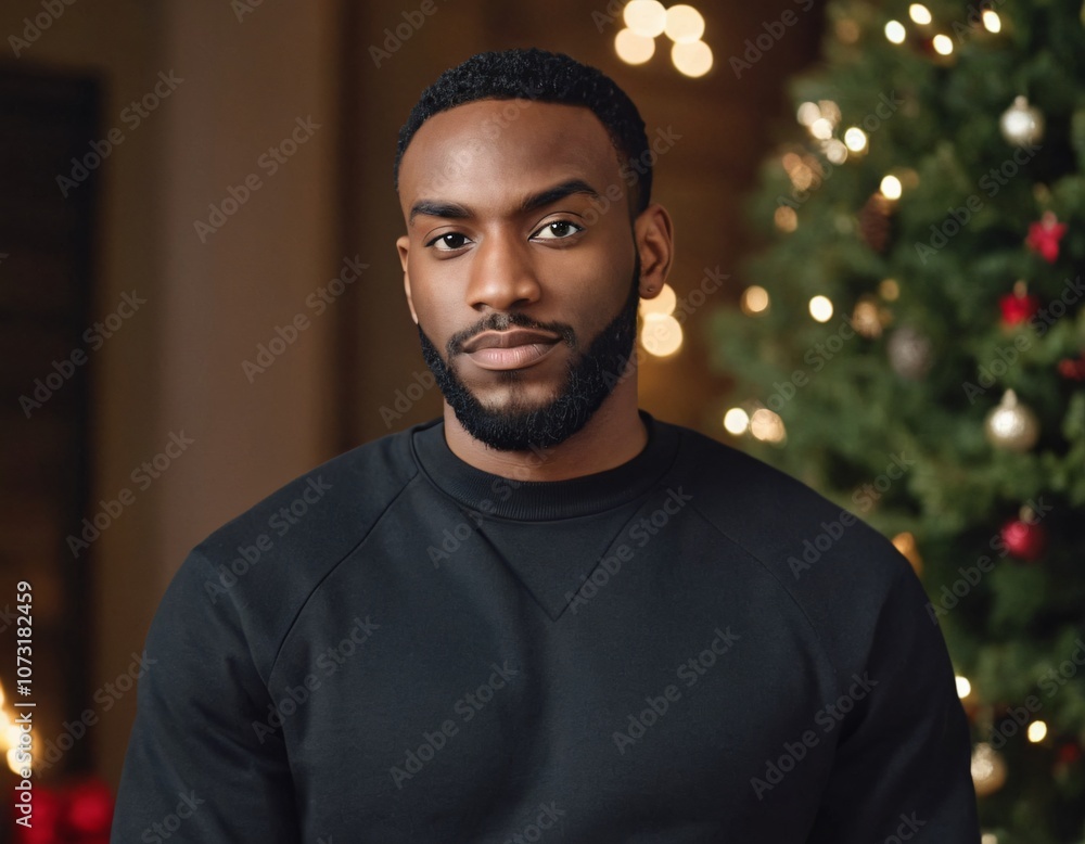 Handsome Africans Americans man wearing a black blank crewneck sweatshirt. mock up style photo. background outside at Christmas's time. Handsome Africans Americans man wearing a black blank crewneck sweatshirt. mock up style photo. background outside at Christmas's time.