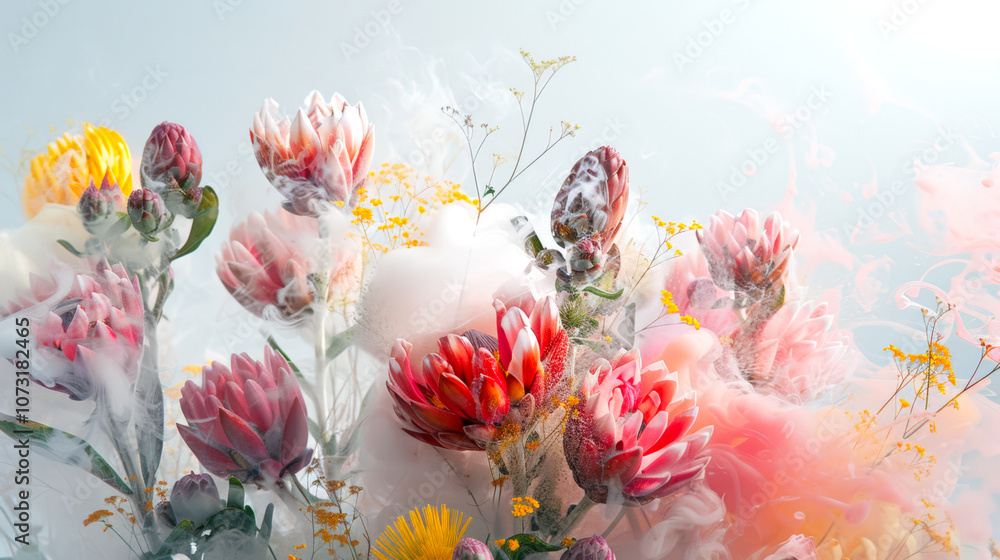 A juicy bouquet of various protea flowers in white-pink smoke on a light blue background. A greeting card for the holiday of March 8 - International Women's Day A juicy bouquet of various protea flowers in white-pink smoke on a light blue background. A greeting card for the holiday of March 8 - International Women's Day