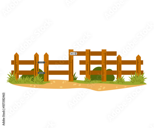 Wooden farm fence or entrance with grass and bushes. Garden barrier and door with wooden parallel boards. Flat vector illustration.