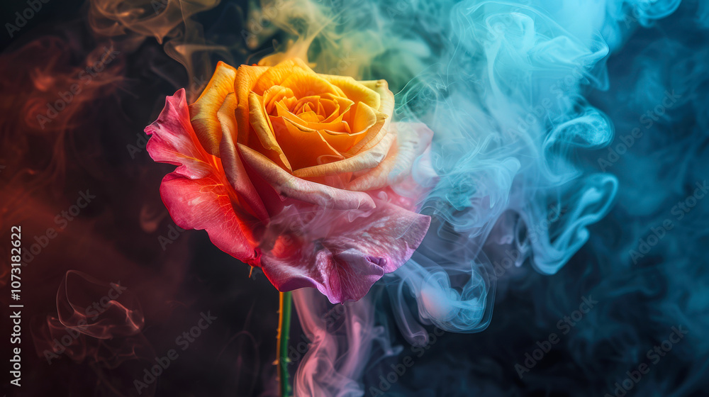 An unusual pink and yellow rose in clouds of multicolored smoke. A symbol of spring, love and beauty. A postcard for March 8th An unusual pink and yellow rose in clouds of multicolored smoke. A symbol of spring, love and beauty. A postcard for March 8th