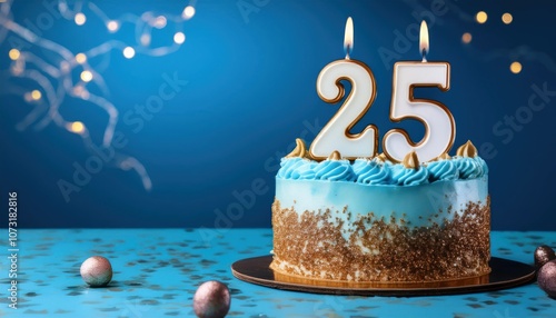 Happy 25th Birthday Cake with Candles and Blue Backdrop photo