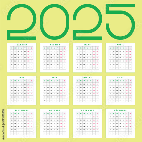 Calendrier 2025 vert, Design simple de calendrier Français nouvelle année 2025