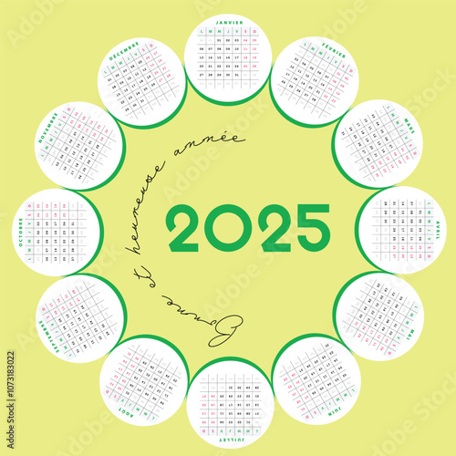 Calendrier 2025 vert, Design Vectoriel cerculaire de calendrier Français nouvelle année 2025