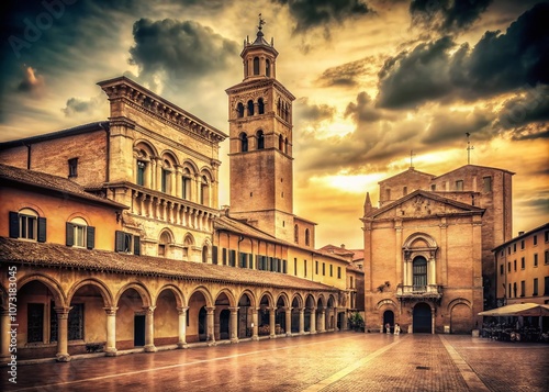 Vintage Sepia Landscape of Ferrara, Italy Featuring Loggia dei Merciai and Cathedral Bell Tower, Capturing Timeless Charm and Architectural Beauty