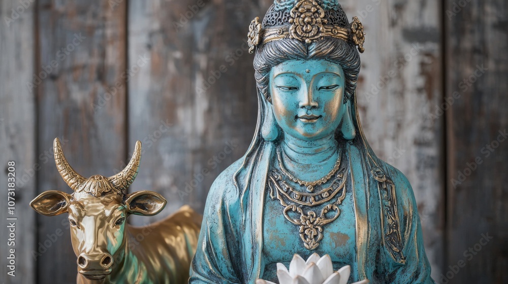 Obraz premium Sacred Japanese Goddess Kannon Statue with Decorative Elements