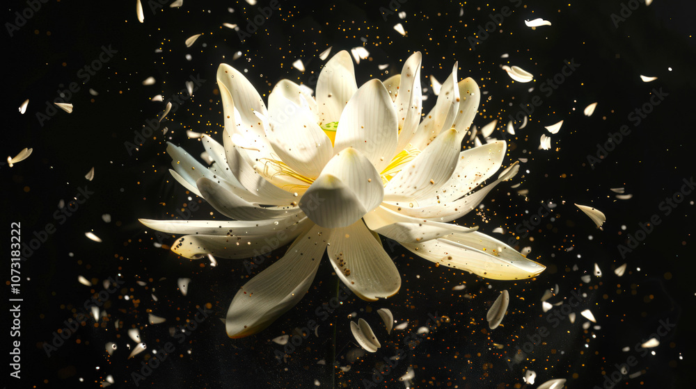 The idea of a postcard for March 8th. Meditation and Zen. An airy white lotus floats in the air surrounded by golden pollen on a black background. There is something fabulous and unearthly The idea of a postcard for March 8th. Meditation and Zen. An airy white lotus floats in the air surrounded by golden pollen on a black background. There is something fabulous and unearthly