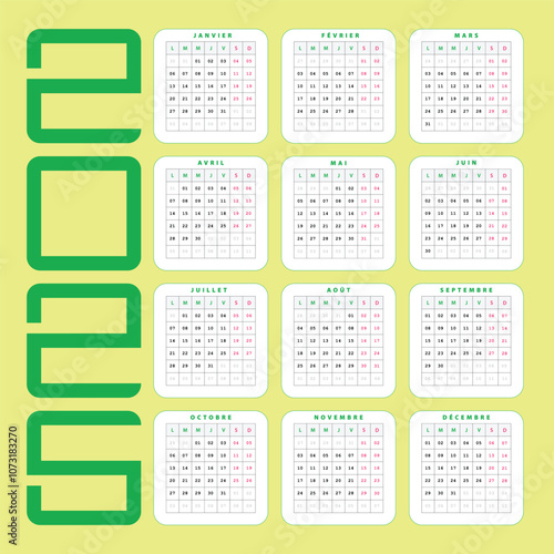 Calendrier 2025 vert, Design Vectoriel de calendrier Français nouvelle année 2025