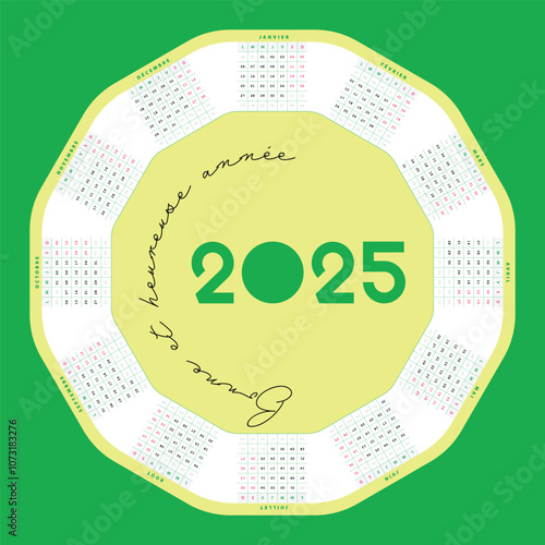 Calendrier 2025 vert, Design cerculaire de calendrier Français nouvelle année 2025